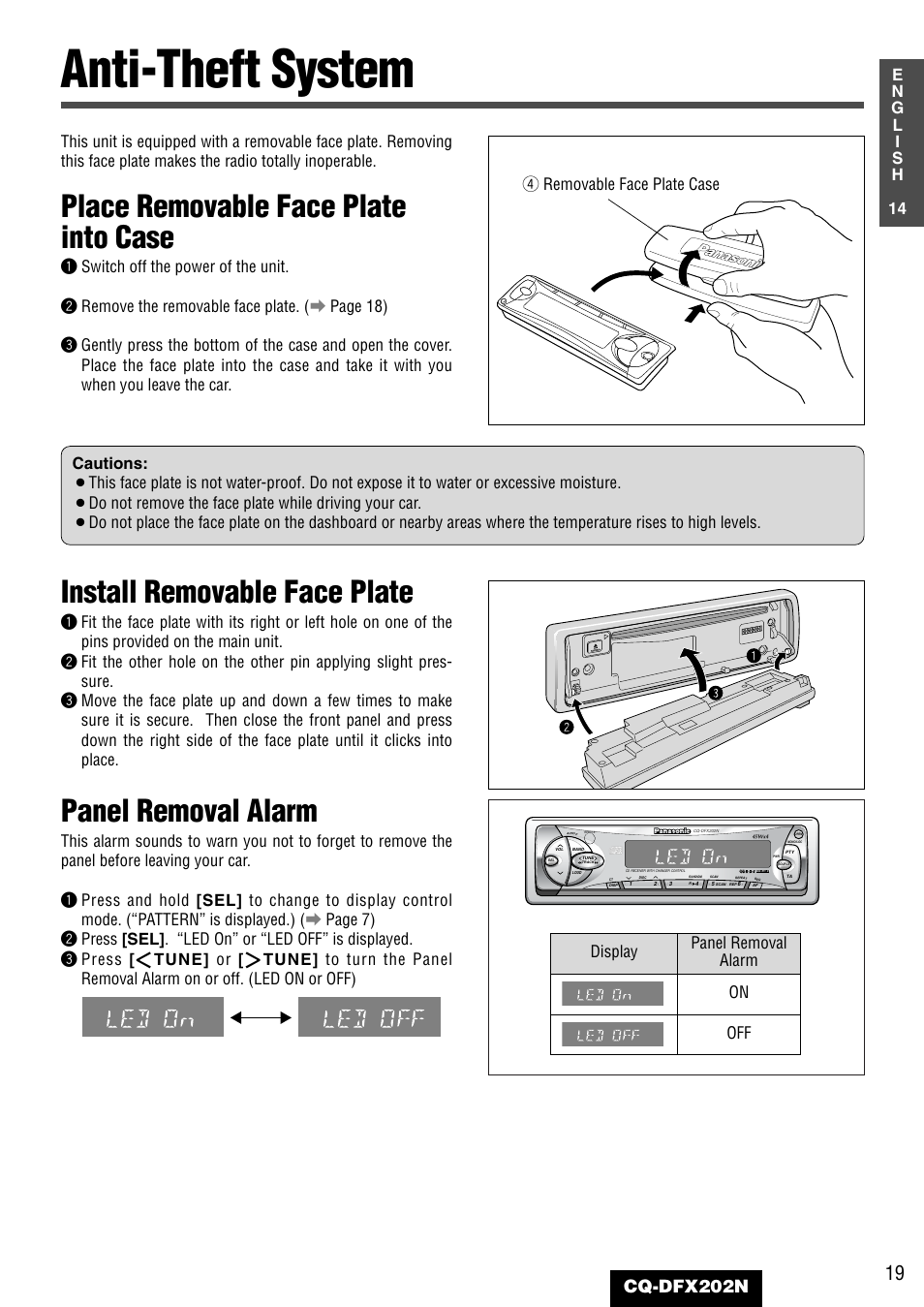 Anti-theft system, Place removable face plate into case, Install removable face plate | Panel removal alarm, Cq-dfx202n, R removable face plate case | Panasonic CQ-DFX202N User Manual | Page 19 / 24