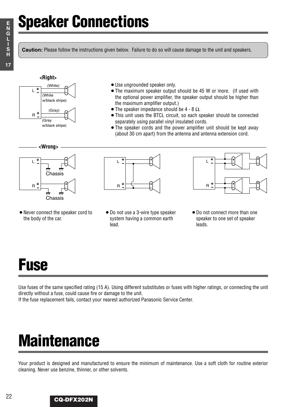 Speaker connections, Fuse, Maintenance | Panasonic CQ-DFX202N User Manual | Page 22 / 24