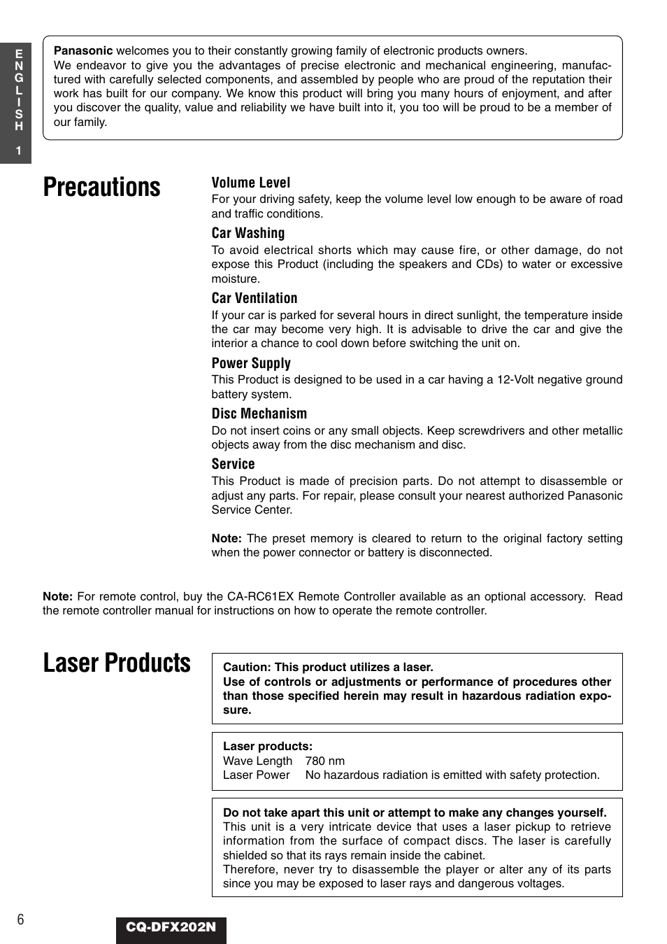 Precautions laser products | Panasonic CQ-DFX202N User Manual | Page 6 / 24