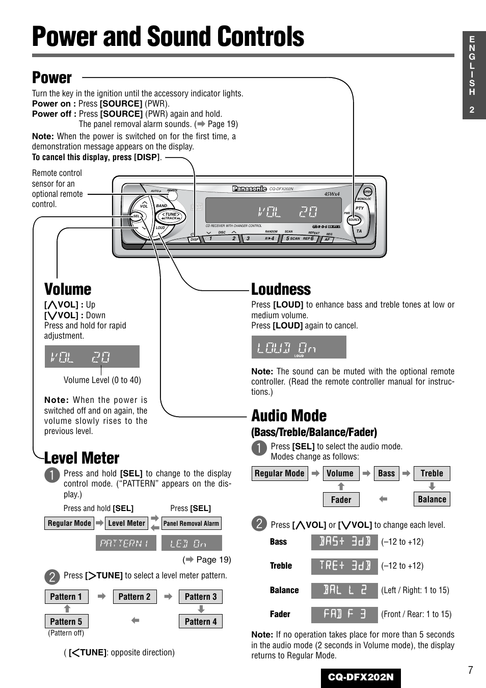 Power and sound controls, Power, Volume | Loudness, Audio mode, Level meter q, Bass/treble/balance/fader) | Panasonic CQ-DFX202N User Manual | Page 7 / 24