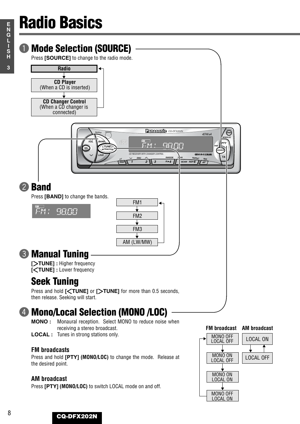 Radio basics, Wband, Emanual tuning | Seek tuning, Rmono/local selection (mono /loc), Qmode selection (source), Fm broadcasts, Am broadcast, Cq-dfx202n | Panasonic CQ-DFX202N User Manual | Page 8 / 24