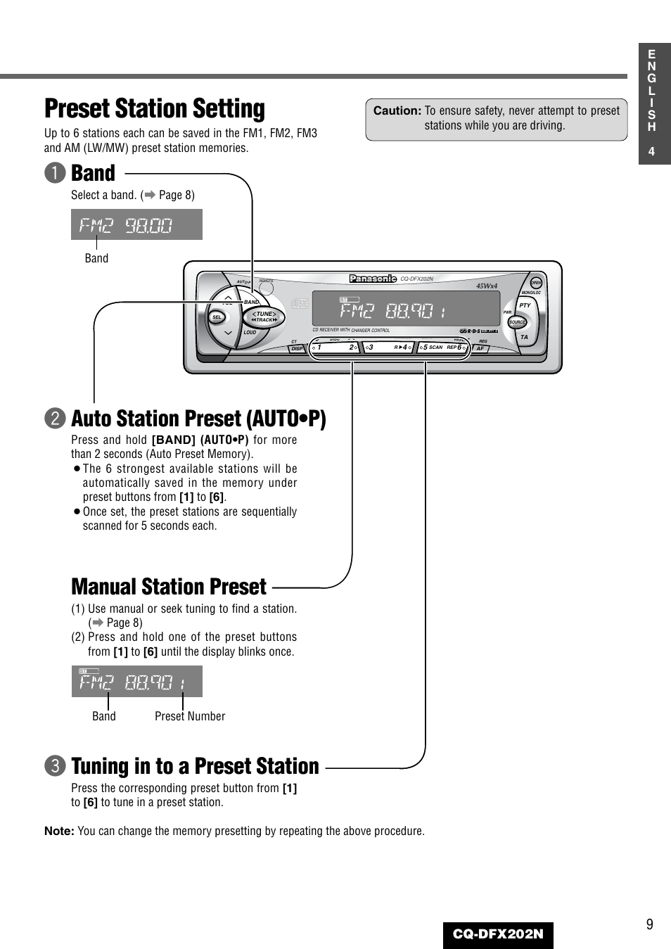 Preset station setting, Wauto station preset (auto•p), Manual station preset | Etuning in to a preset station, Qband, Cq-dfx202n | Panasonic CQ-DFX202N User Manual | Page 9 / 24