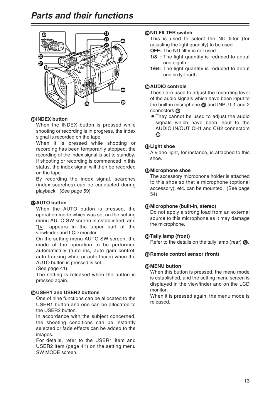 Parts and their functions | Panasonic AG-DVX100 P User Manual | Page 13 / 68