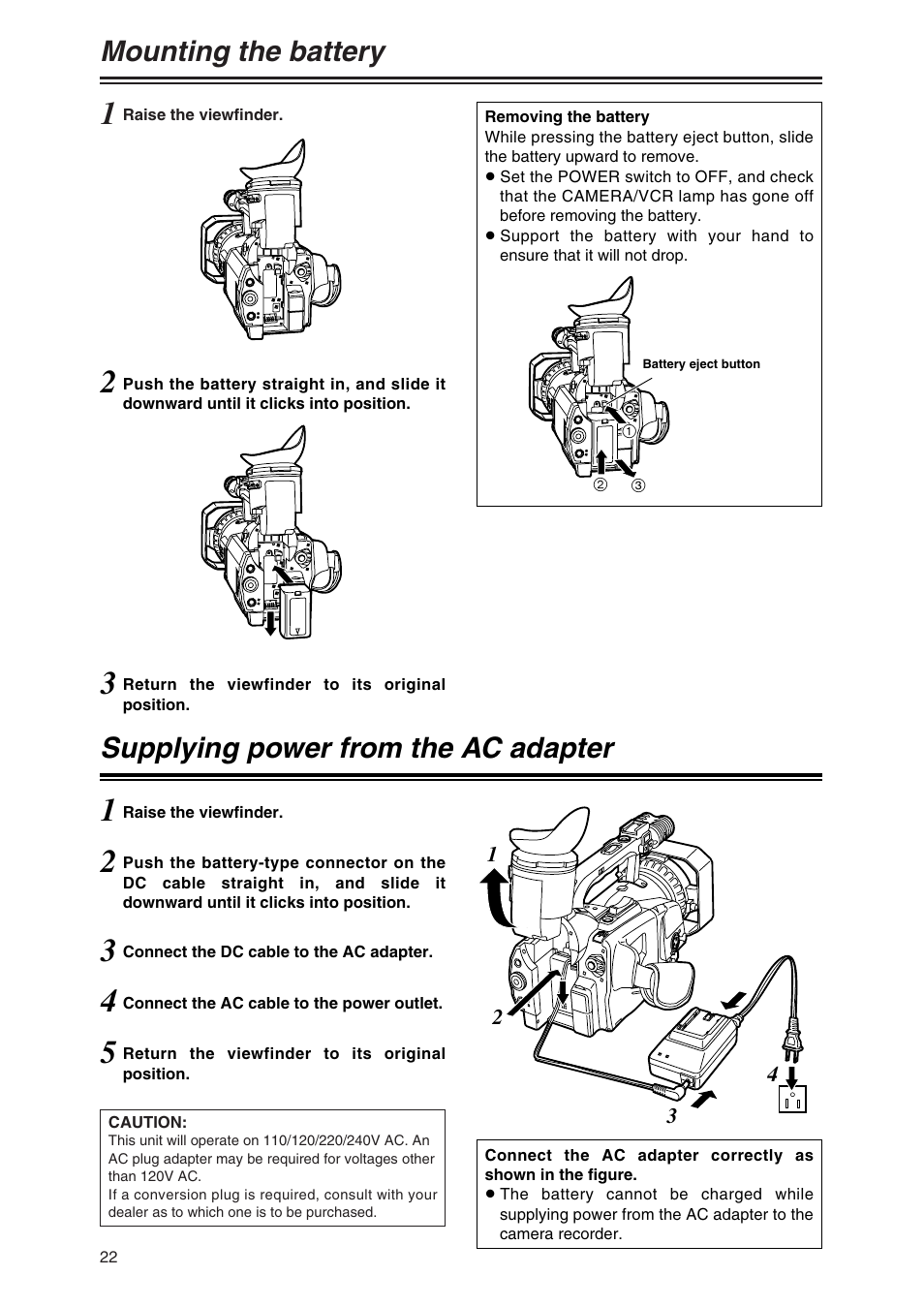 Mounting the battery, Supplying power from the ac adapter | Panasonic AG-DVX100 P User Manual | Page 22 / 68