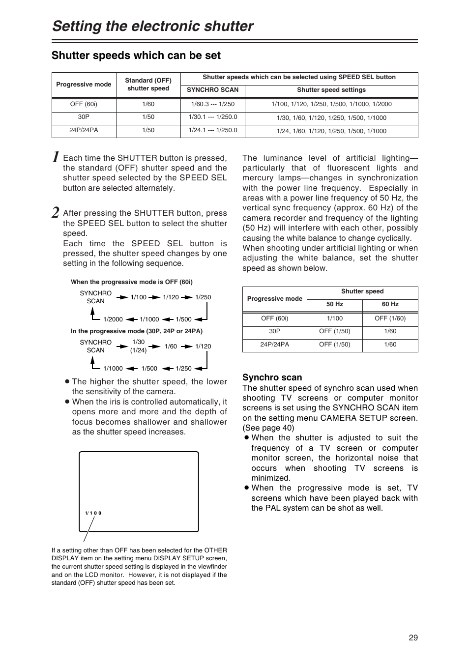 Setting the electronic shutter, Shutter speeds which can be set, Synchro scan | Panasonic AG-DVX100 P User Manual | Page 29 / 68