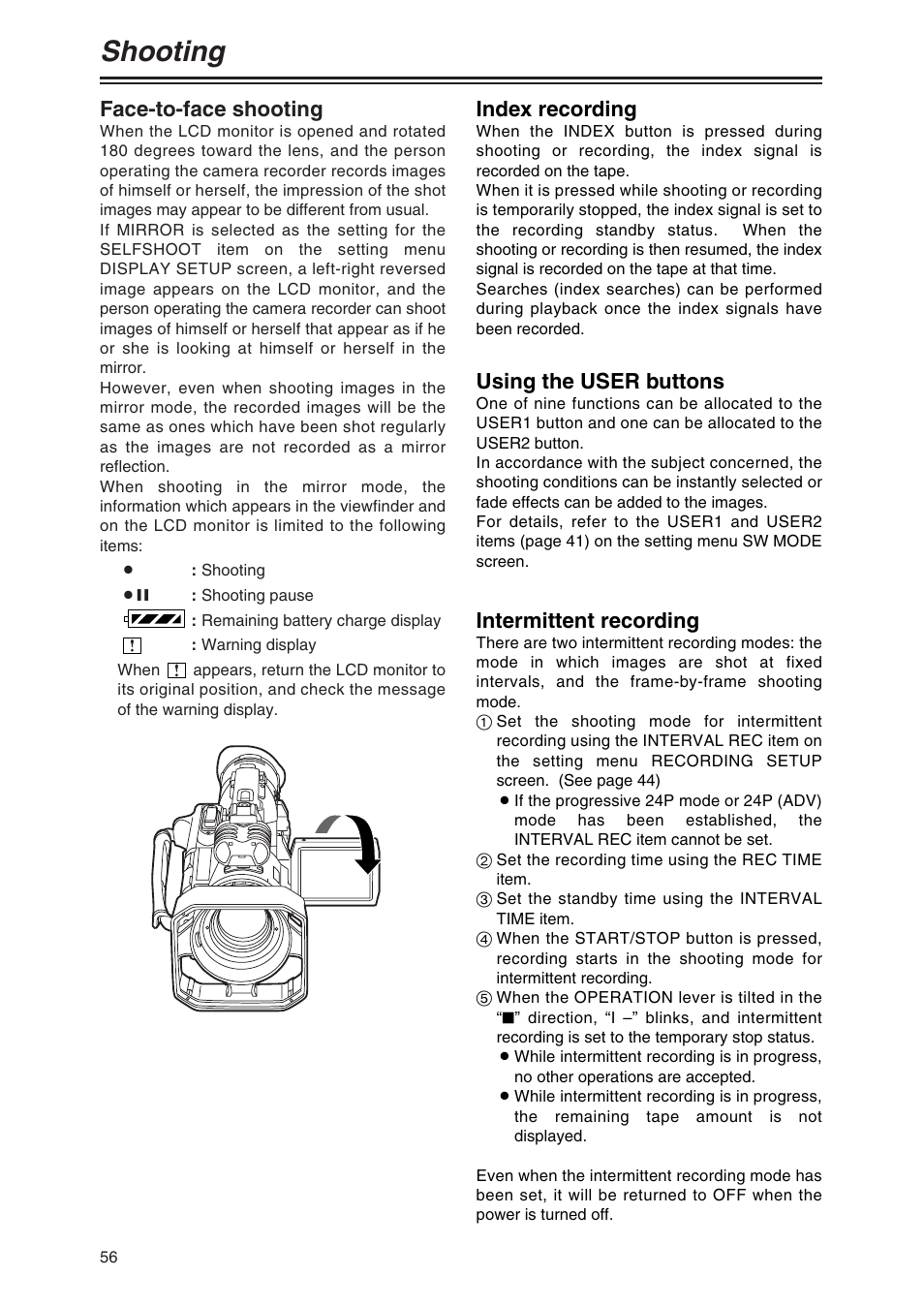 Shooting, Face-to-face shooting, Index recording | Using the user buttons, Intermittent recording | Panasonic AG-DVX100 P User Manual | Page 56 / 68