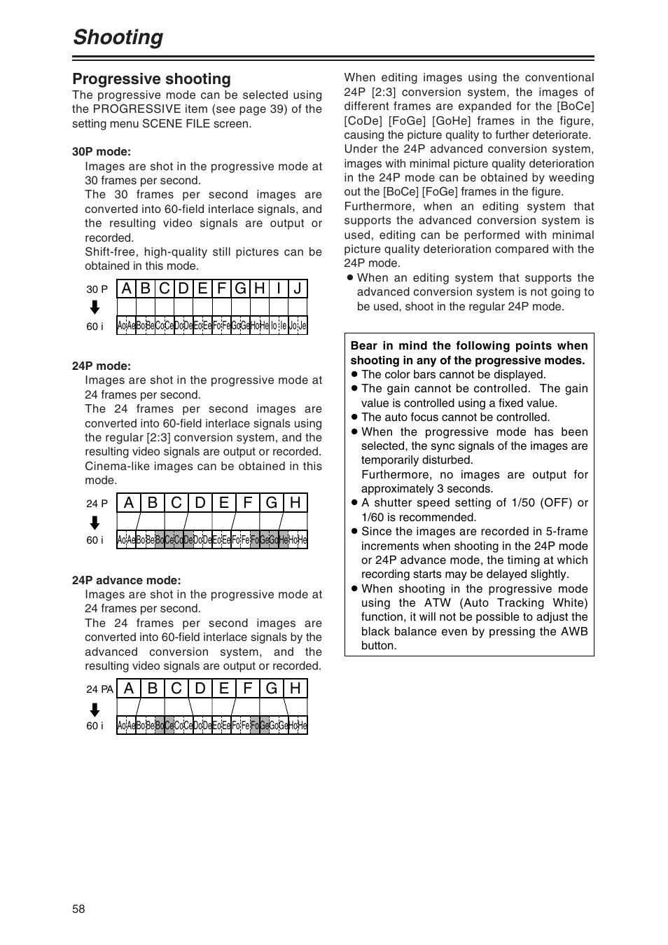 Shooting, Progressive shooting | Panasonic AG-DVX100 P User Manual | Page 58 / 68