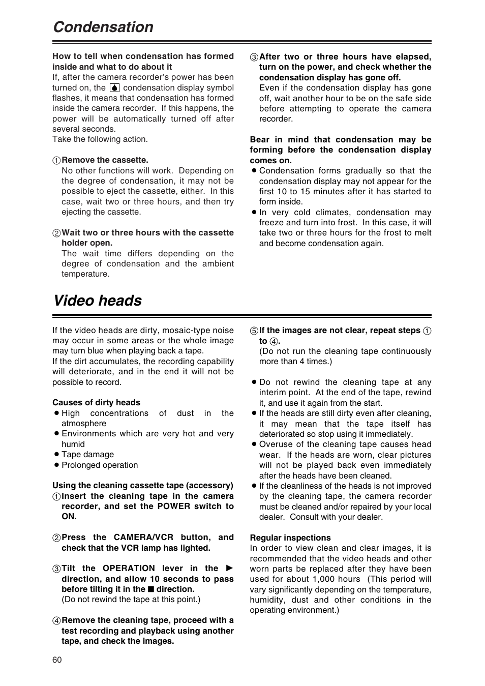 Condensation, Video heads | Panasonic AG-DVX100 P User Manual | Page 60 / 68