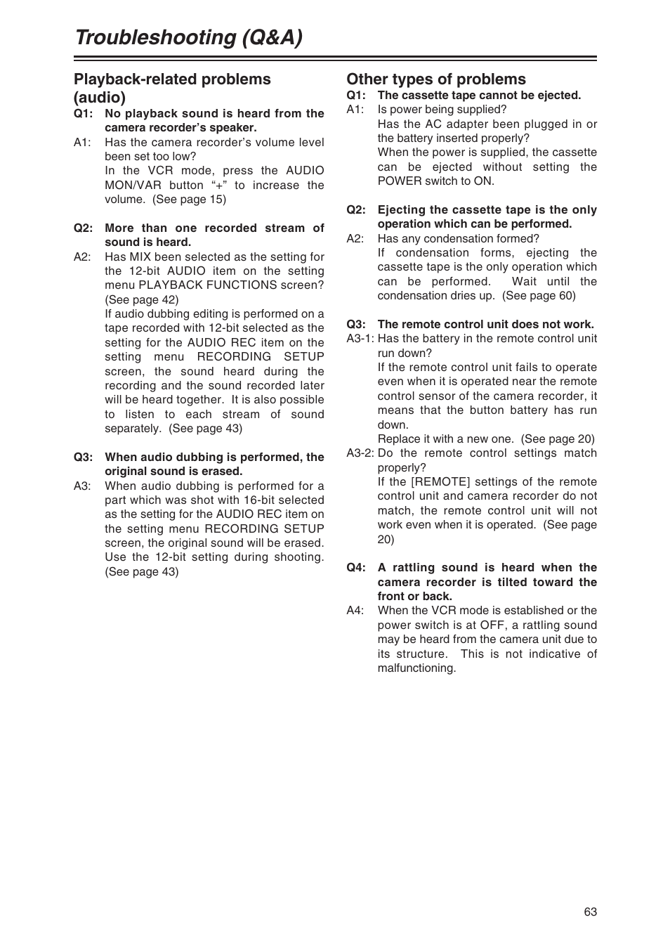 Troubleshooting (q&a), Other types of problems, Playback-related problems (audio) | Panasonic AG-DVX100 P User Manual | Page 63 / 68