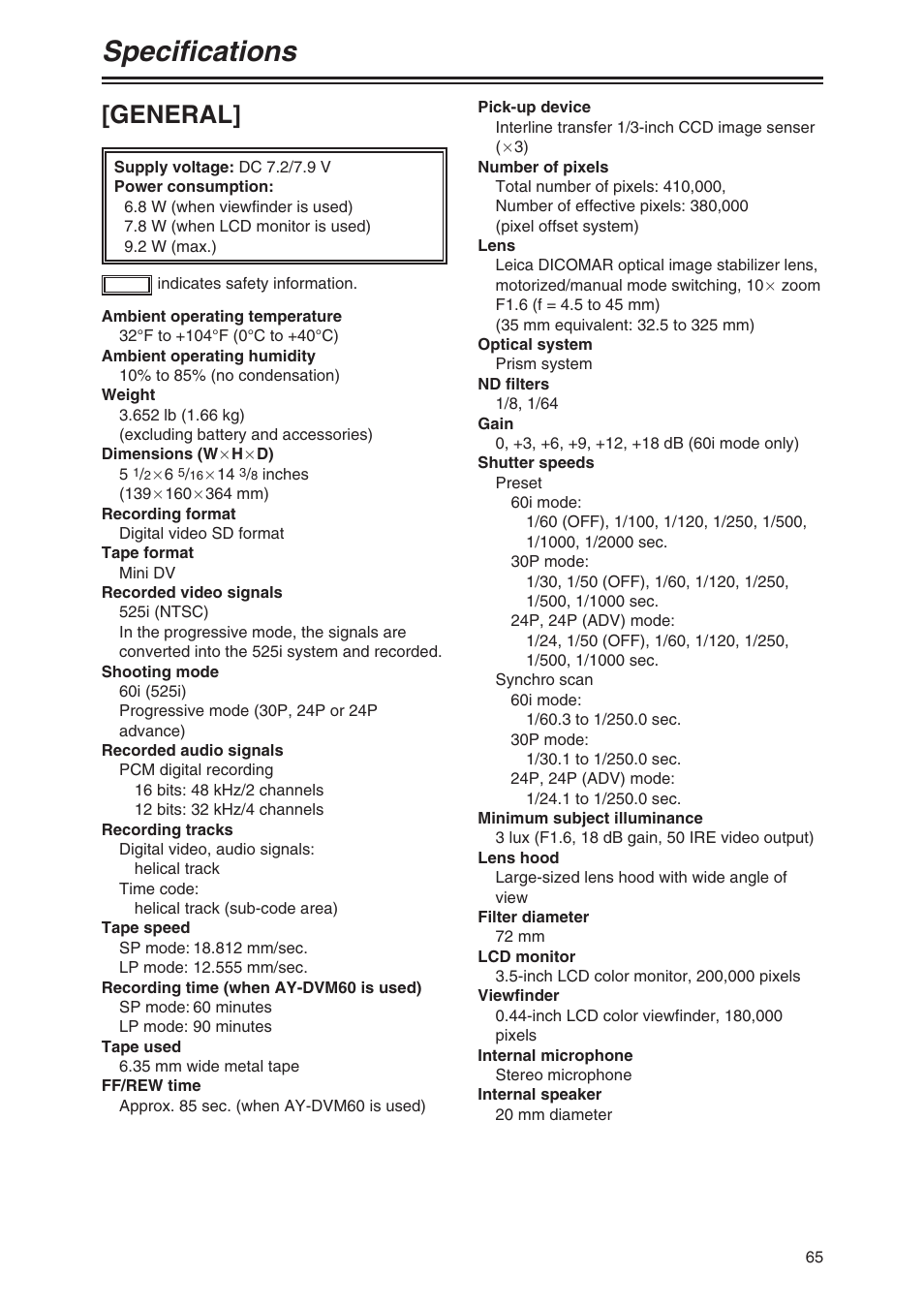 Specifications, General | Panasonic AG-DVX100 P User Manual | Page 65 / 68