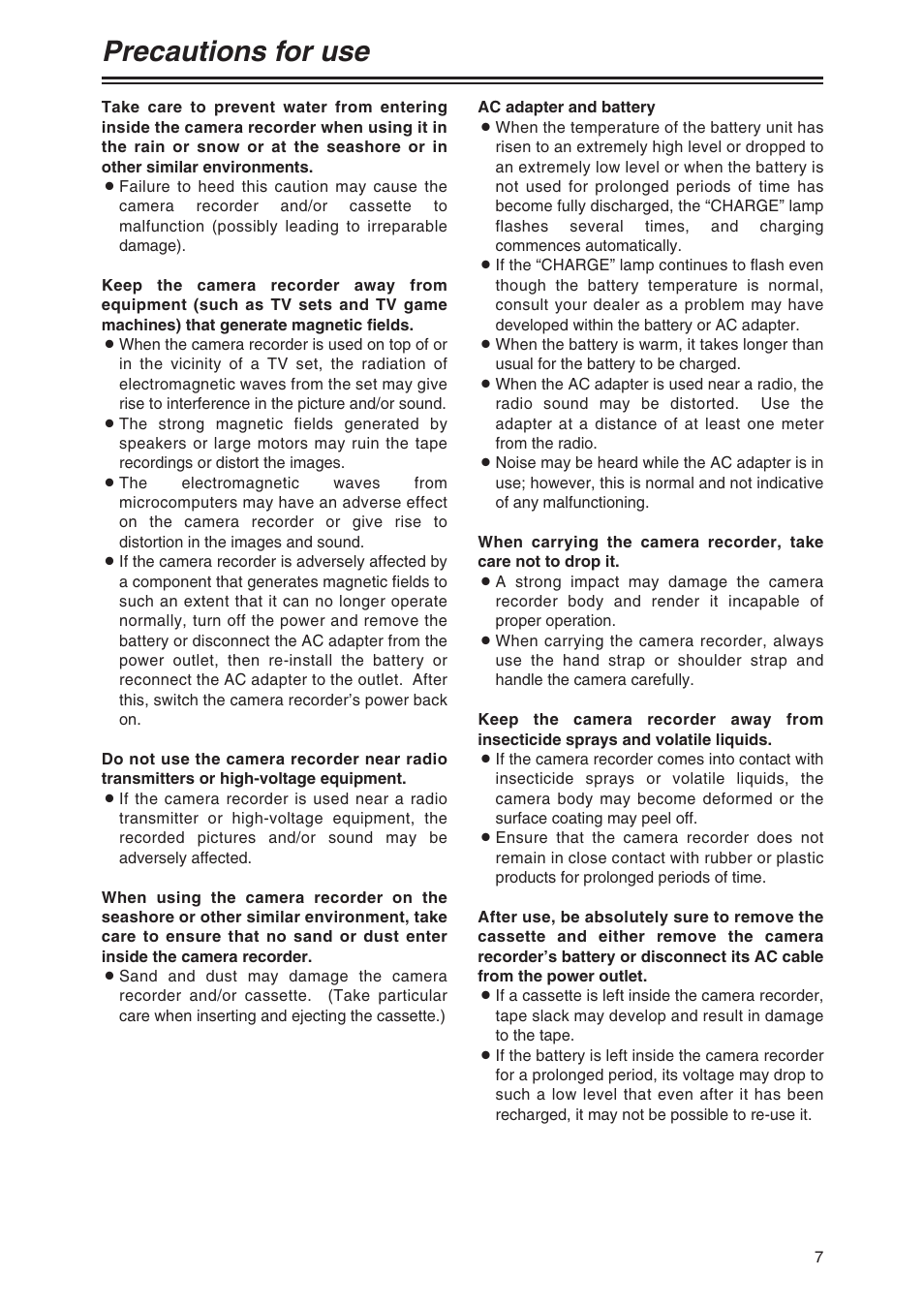Precautions for use | Panasonic AG-DVX100 P User Manual | Page 7 / 68