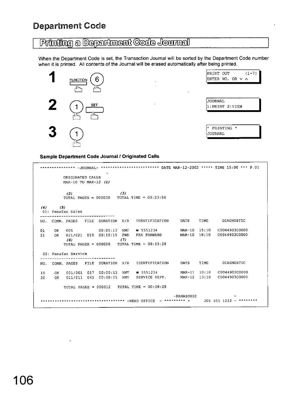 Sample department code journal / originated calls, Department code | Panasonic 990 User Manual | Page 106 / 170