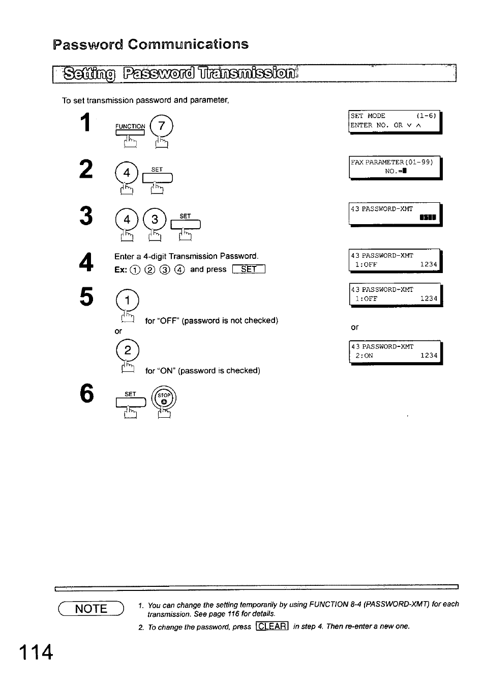 To set transmission password and parameter, For “off" (password is not checked), Password communications | Panasonic 990 User Manual | Page 114 / 170