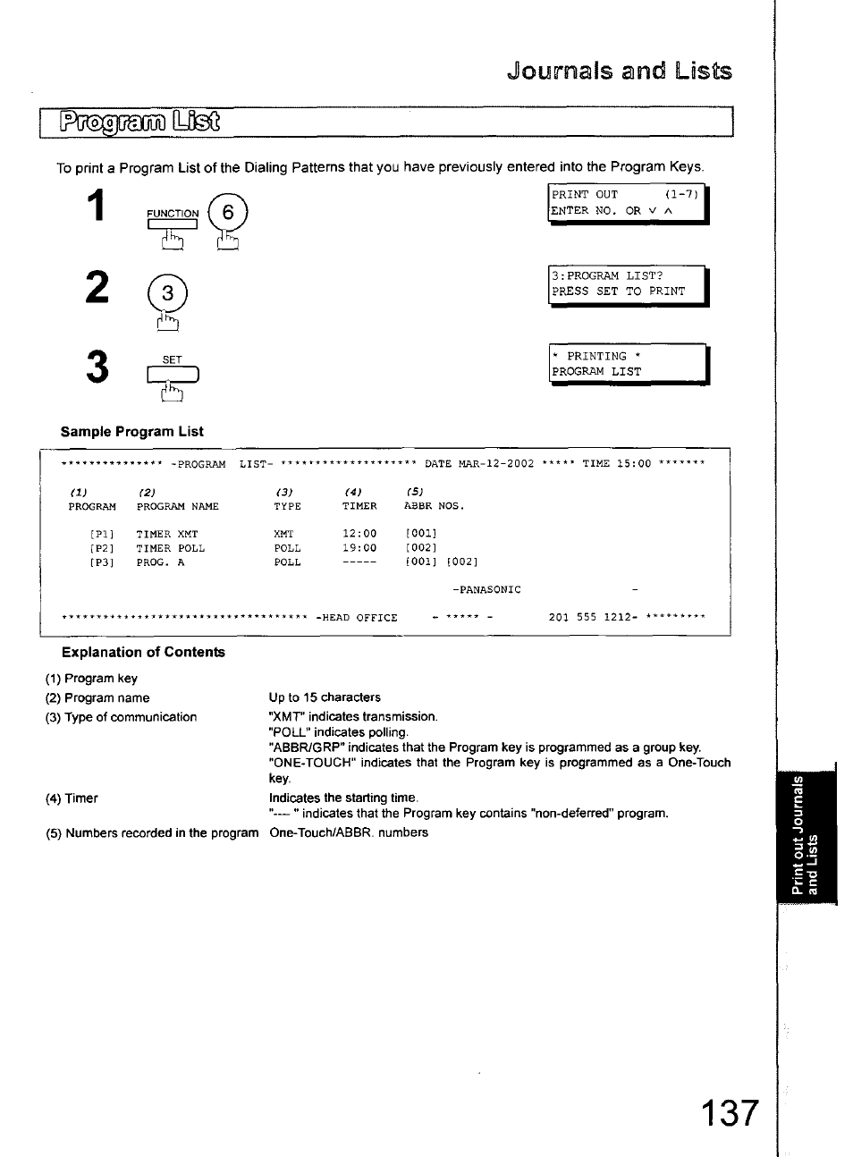 Sample program list, Journals and lists | Panasonic 990 User Manual | Page 137 / 170