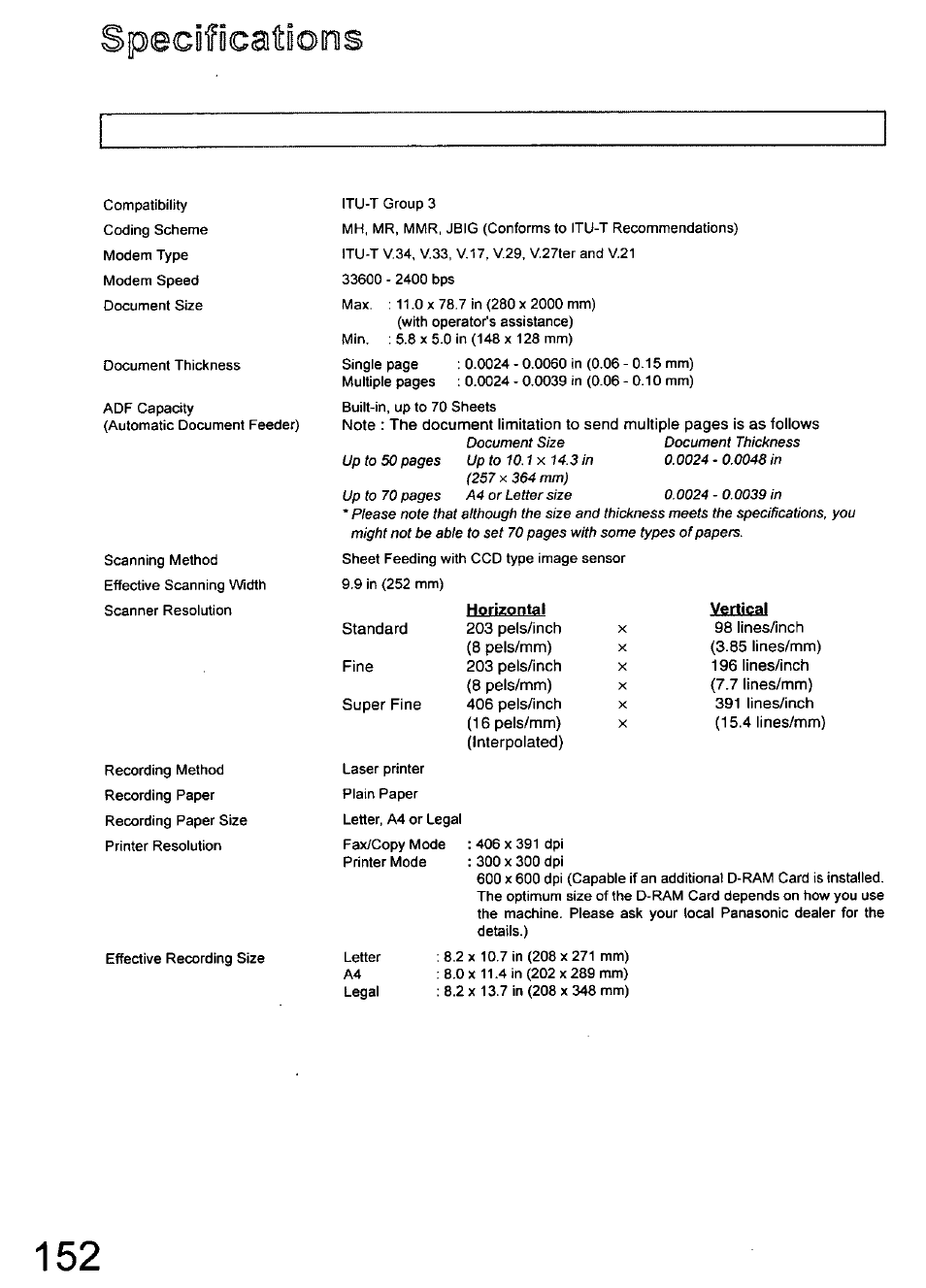 Pecwicaiion | Panasonic 990 User Manual | Page 152 / 170