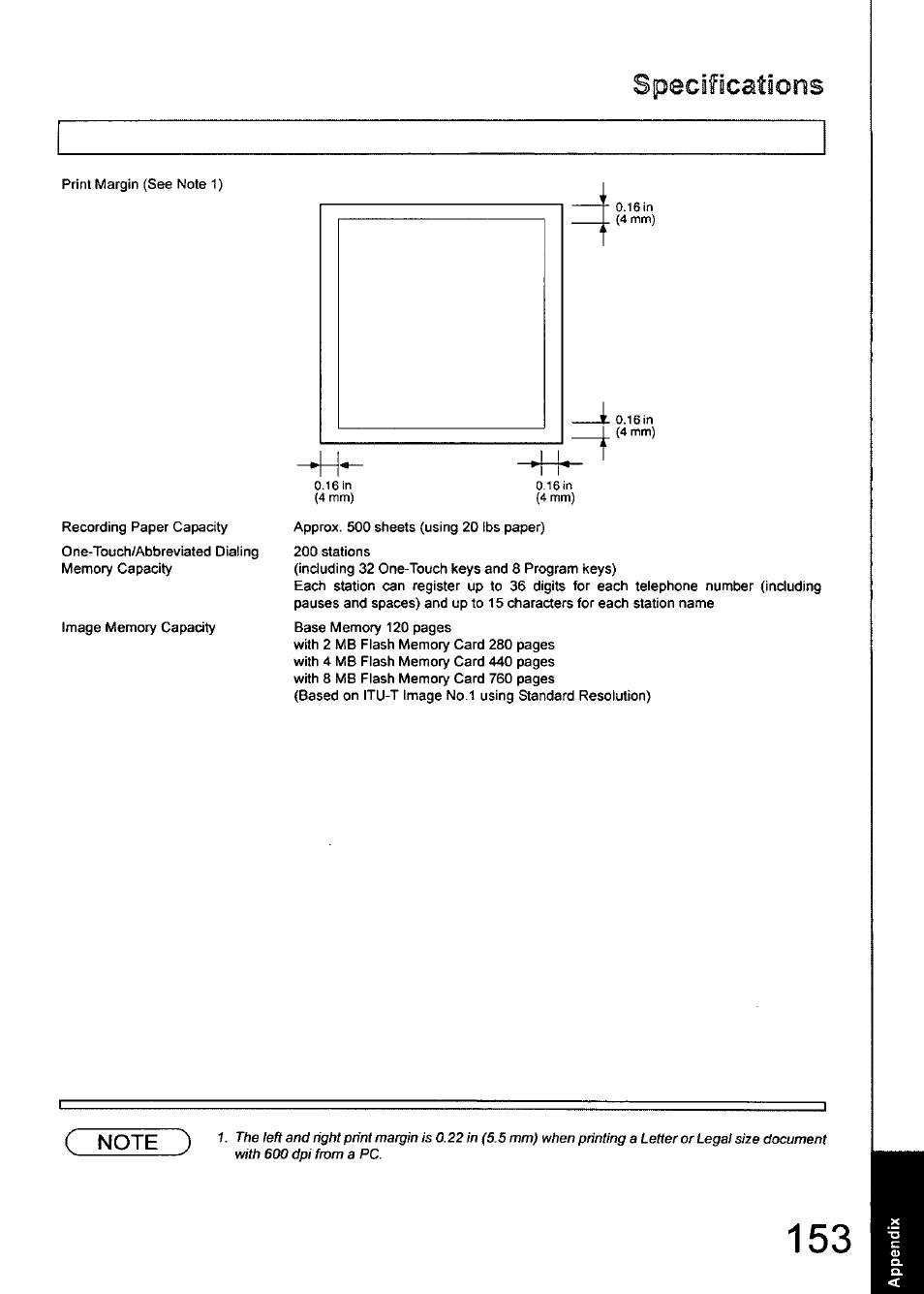 Ipecifications | Panasonic 990 User Manual | Page 153 / 170