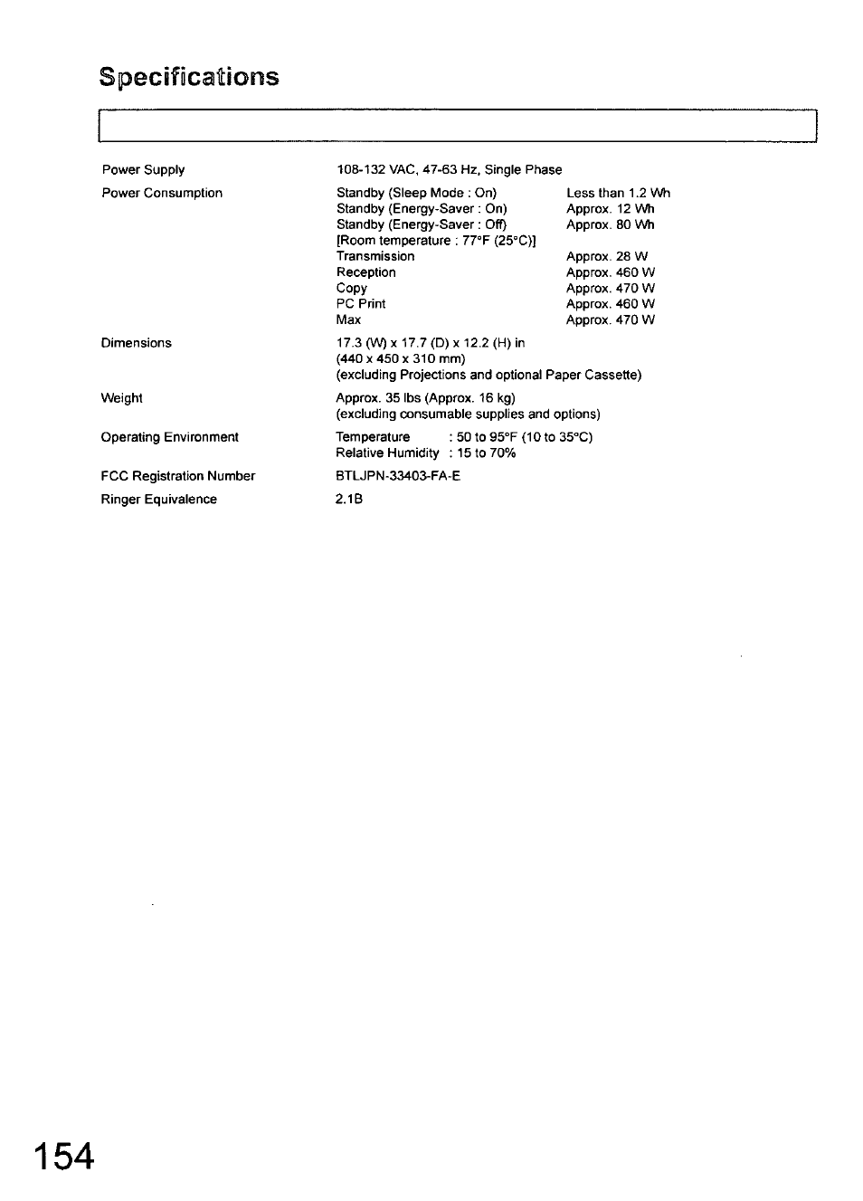 Specifications | Panasonic 990 User Manual | Page 154 / 170