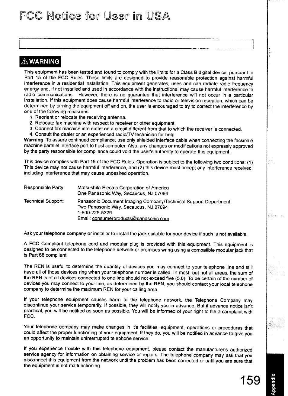 Fcc motiœ for user | Panasonic 990 User Manual | Page 159 / 170