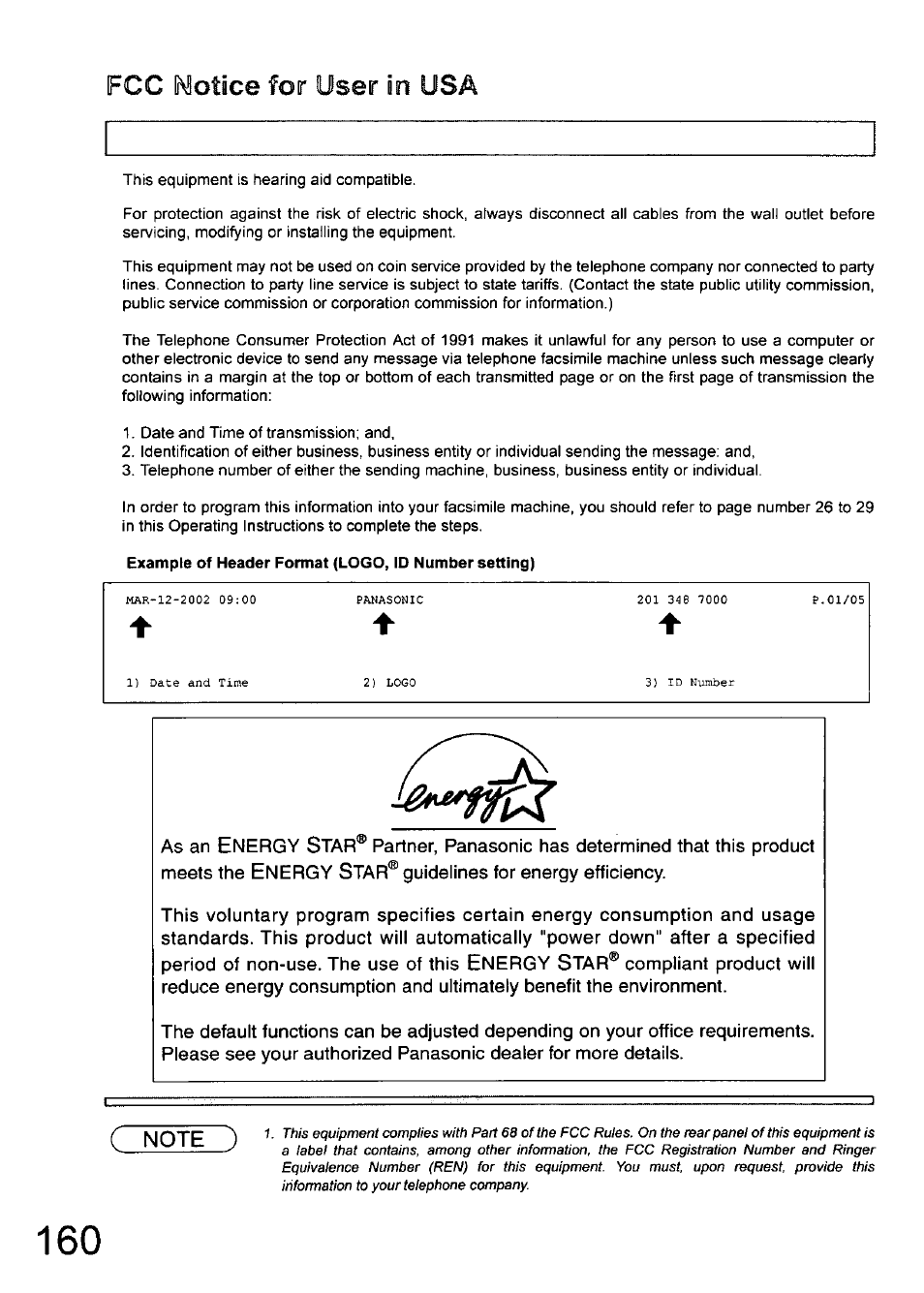 Example of header format (logo, id number setting), Fcc notice for user in usa, As an e | Panasonic 990 User Manual | Page 160 / 170