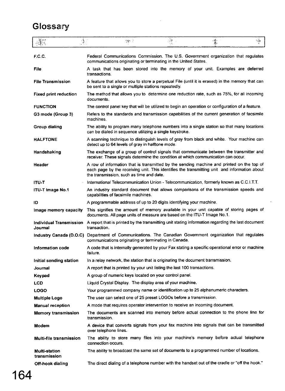 Glossairy | Panasonic 990 User Manual | Page 164 / 170