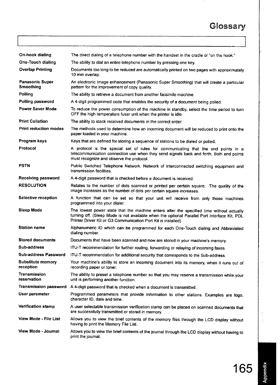 Glossary | Panasonic 990 User Manual | Page 165 / 170