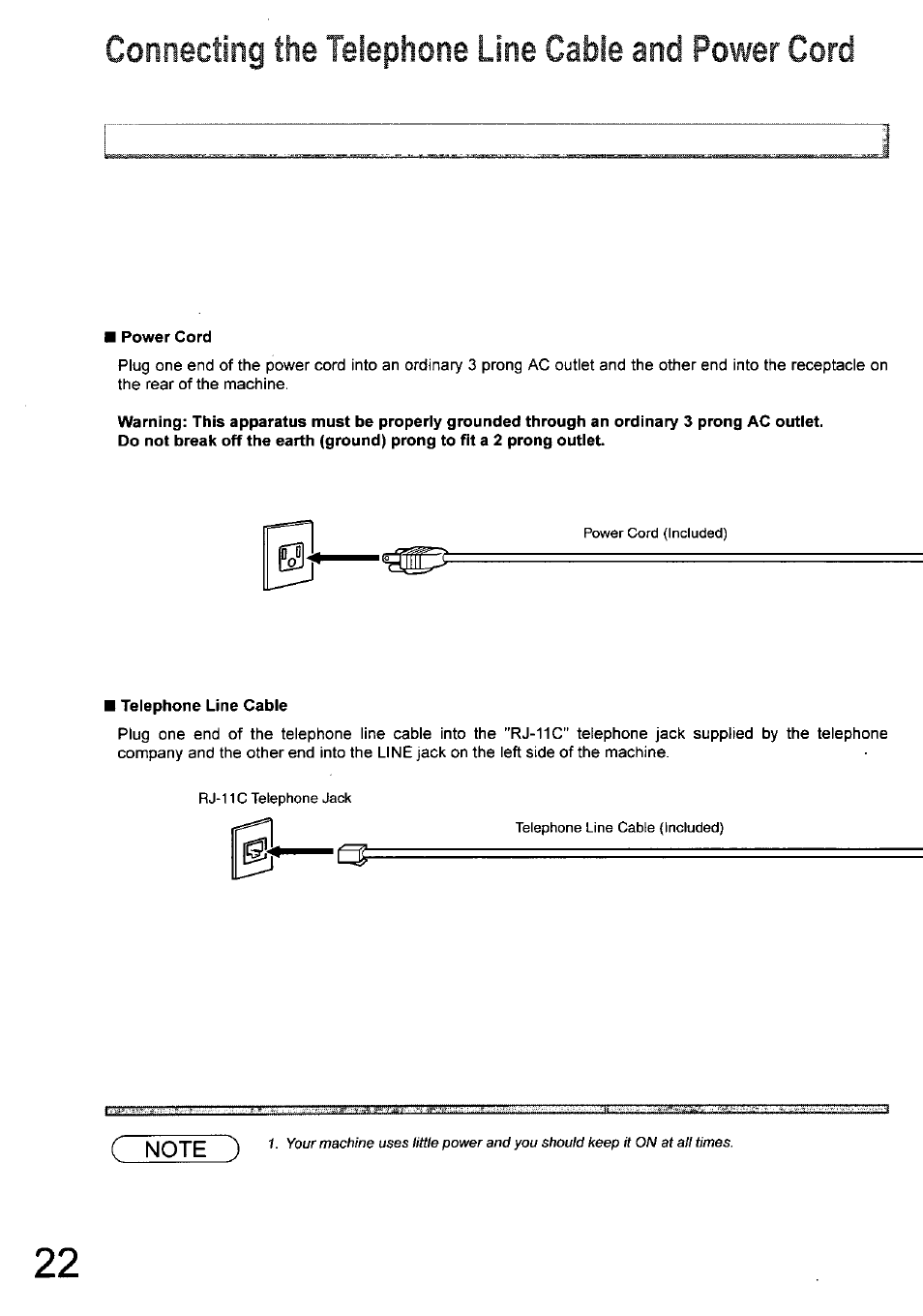Connecting the telephone line cable and power cord | Panasonic 990 User Manual | Page 22 / 170