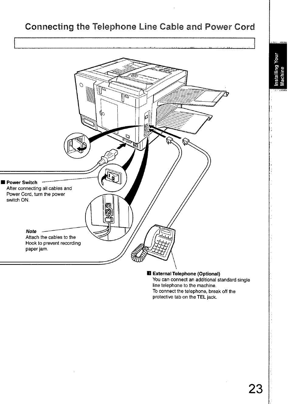 Connecting the telephone line cable and power cord | Panasonic 990 User Manual | Page 23 / 170