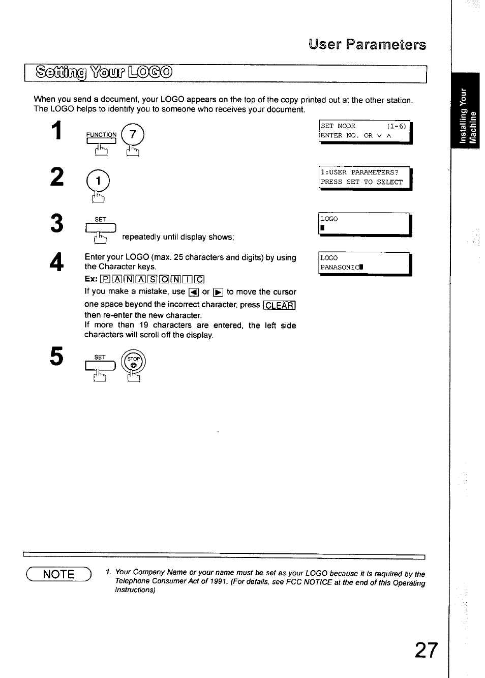 User parameters | Panasonic 990 User Manual | Page 27 / 170