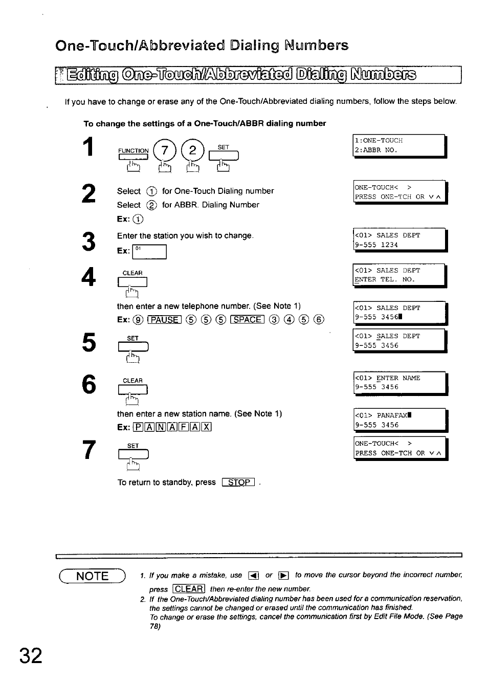 I ■ --j, Enter the station you wish to change, Then enter a new telephone number. (see note 1) | Ex: (9) ! pause i ® ® (§) \ space i @ @ (s) (6), Then enter a new station name. (see note 1), To return to standby, press i stop i, Emboog) teraims, One-touch/abbreviated dialing numbers, Dlia (3, Ellaleieleialel | Panasonic 990 User Manual | Page 32 / 170