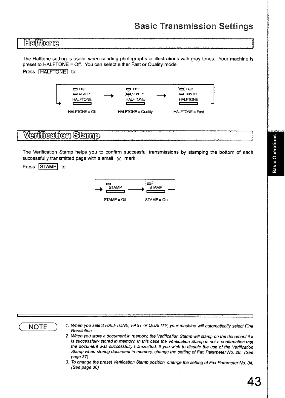 Press i halftone~l to, Press stamp to, Basic transmission settings | Panasonic 990 User Manual | Page 43 / 170