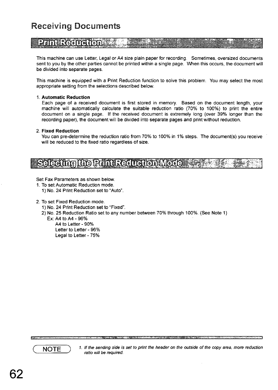 Automatic reduction, Fixed reduction, Receiving | Documents | Panasonic 990 User Manual | Page 62 / 170