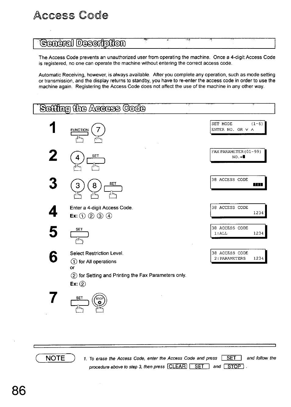 Access code | Panasonic 990 User Manual | Page 86 / 170