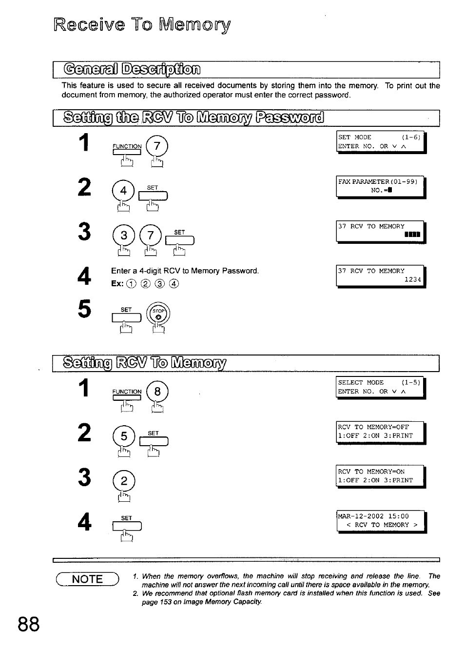 0)1 ro, Enter a 4-digit rcv to memory password, Ex: © @ (3) | C©i¥e to mlenmory | Panasonic 990 User Manual | Page 88 / 170