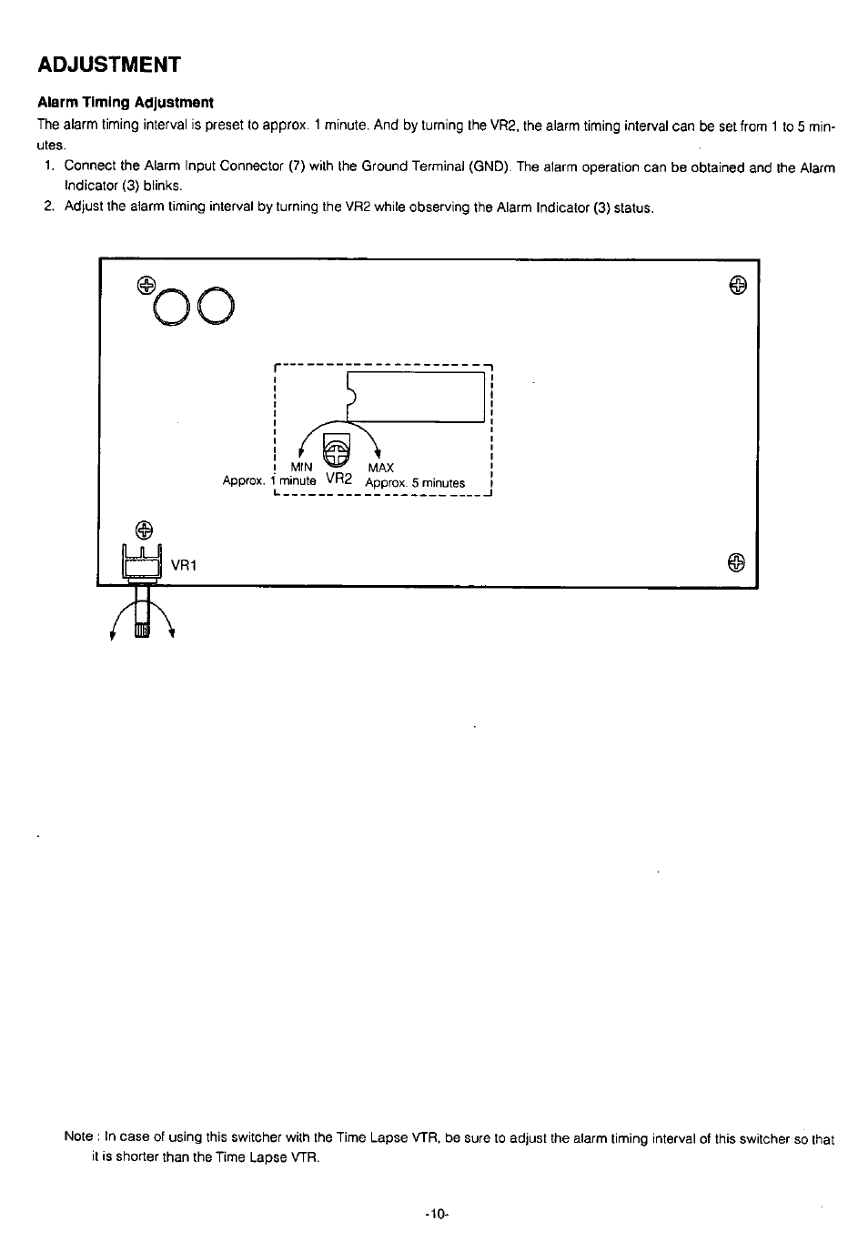 Adjustment, Alarm timing adjustment | Panasonic WJ-SQ308 User Manual | Page 12 / 14