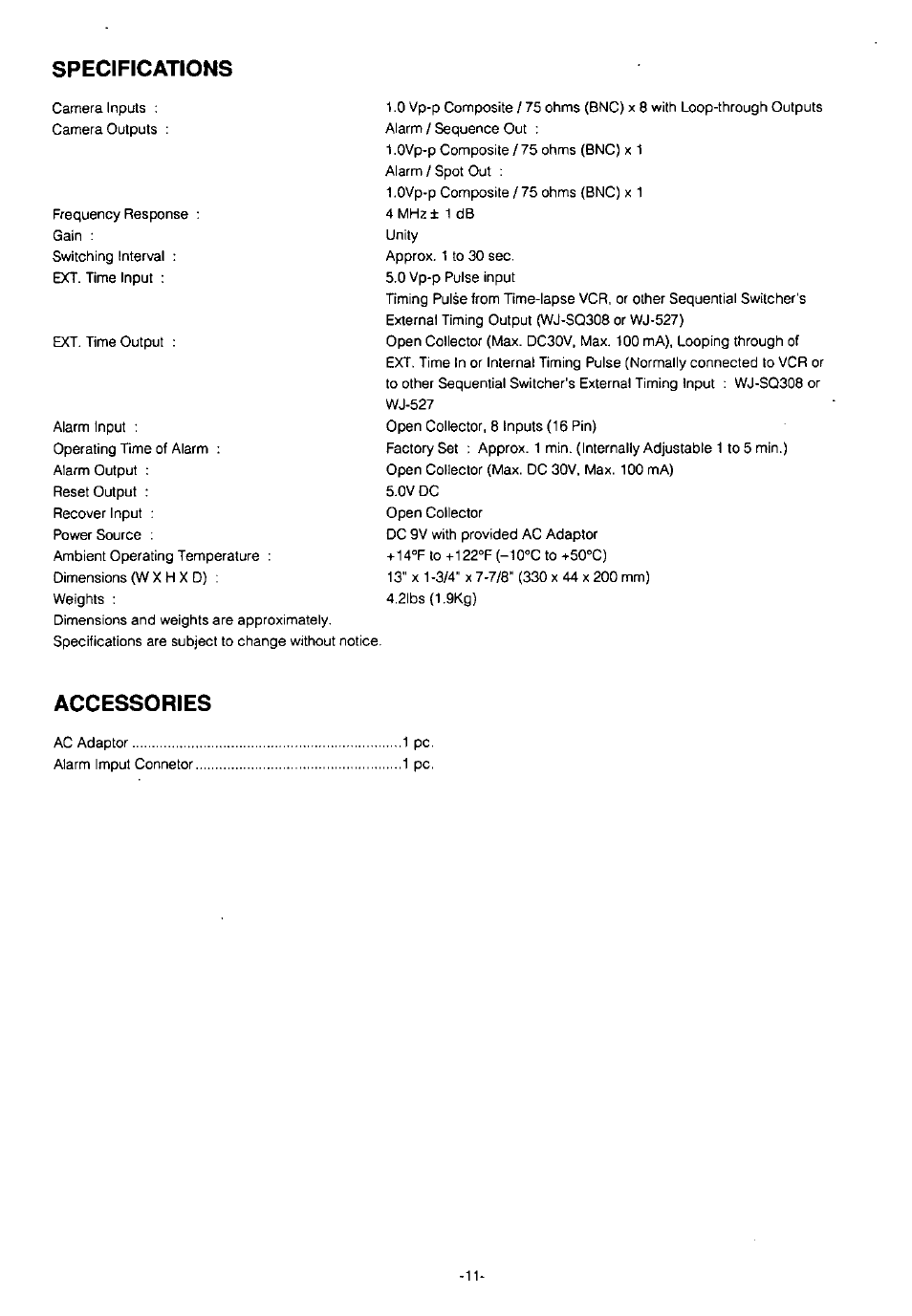 Specifications, Accessories | Panasonic WJ-SQ308 User Manual | Page 13 / 14