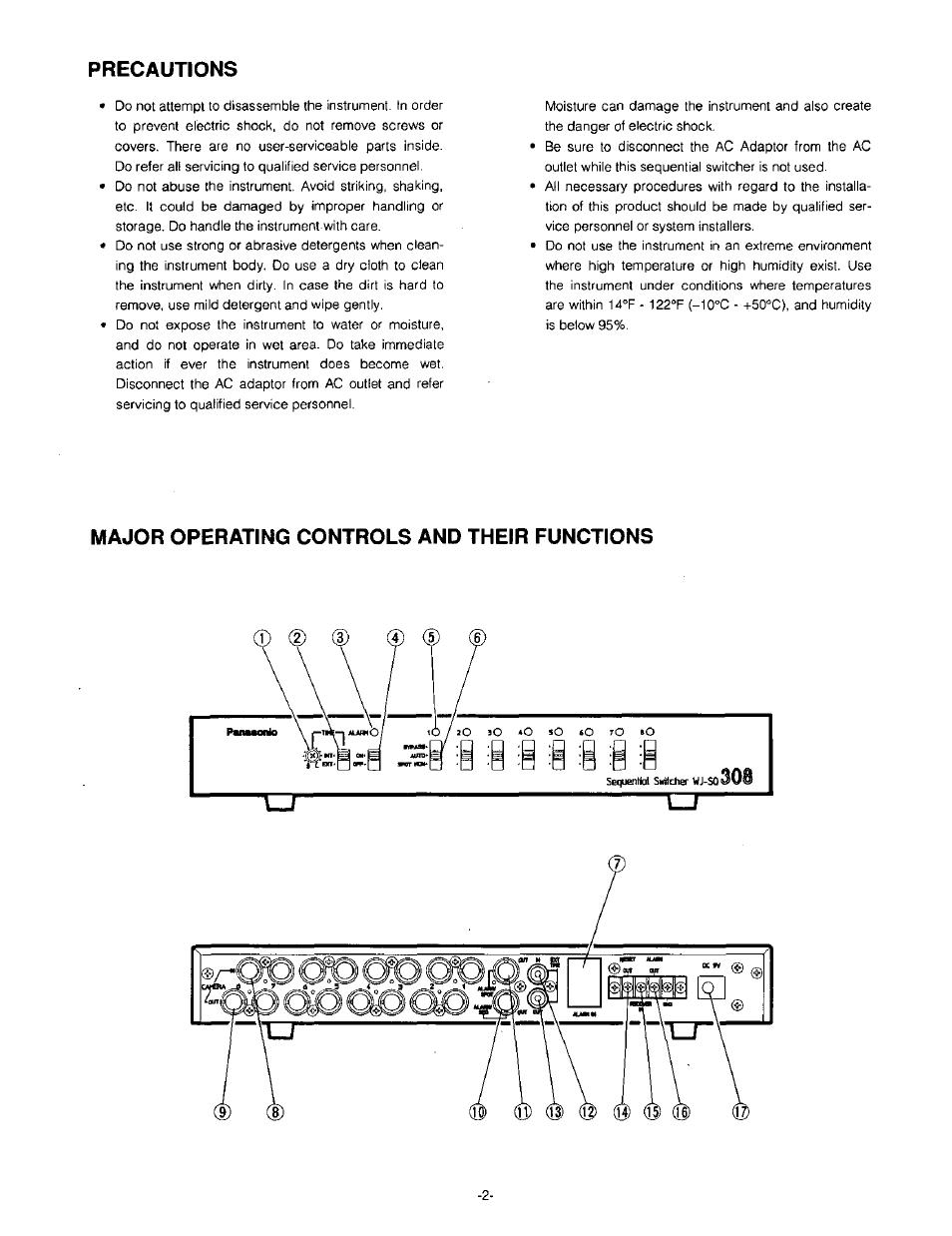 Major operating controls and their functions, Precautions | Panasonic WJ-SQ308 User Manual | Page 4 / 14