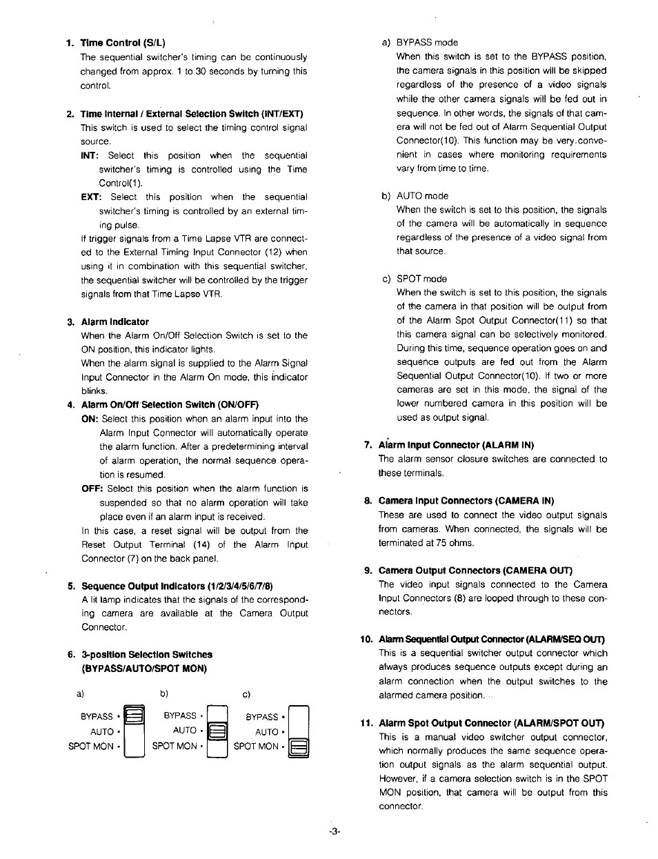 Tíme control (s/l), Alarm indicator, Alarm on/off selection switch (on/off) | Sequence output indicators (1/2/3/4/5/6/7/8), Alarm input connector (alarm in), Camera input connectors (camera in), Camera output connectors (camera out), Alarm sequential output connector (alarm/seq out), Alarm spot output connector (alarm/spot out) | Panasonic WJ-SQ308 User Manual | Page 5 / 14