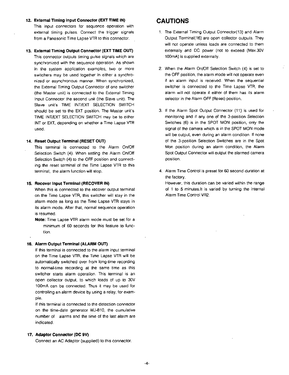 External timing input connector (ext time in), External timing output connector (ext time out), 14, reset output terminal (reset out) | 15, recover input terminal (recover in), Alarm output terminal (alarm out), Adaptor connector (dc 9v), Cautions | Panasonic WJ-SQ308 User Manual | Page 6 / 14