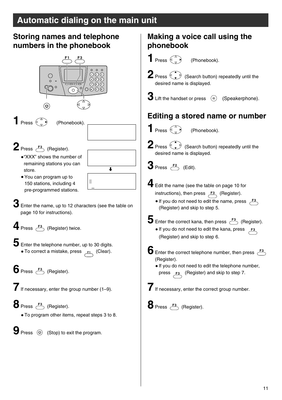Automatic dialing on the main unit, Editing a stored name or number | Panasonic KX-PW102CW User Manual | Page 11 / 32