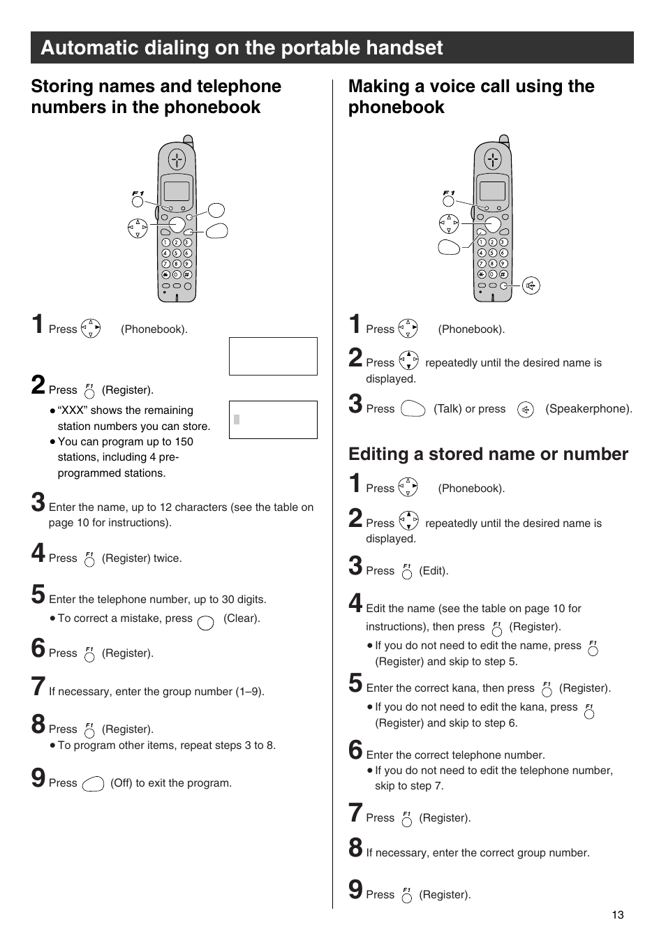 Automatic dialing on the portable handset, Editing a stored name or number | Panasonic KX-PW102CW User Manual | Page 13 / 32