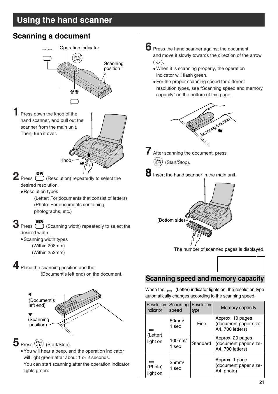 Using the hand scanner, Scanning a document | Panasonic KX-PW102CW User Manual | Page 21 / 32