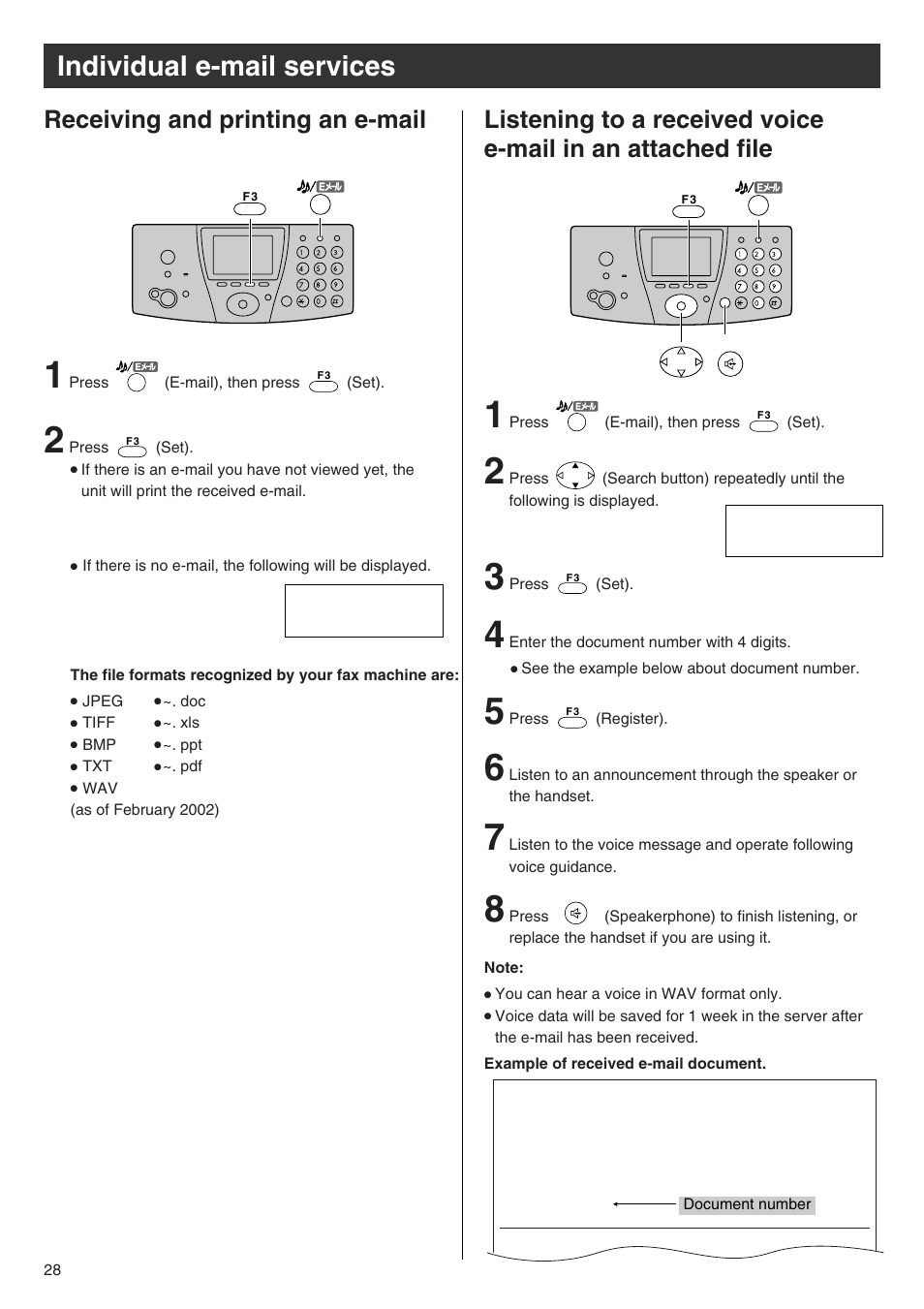 Individual e-mail services, Receiving and printing an e-mail | Panasonic KX-PW102CW User Manual | Page 28 / 32