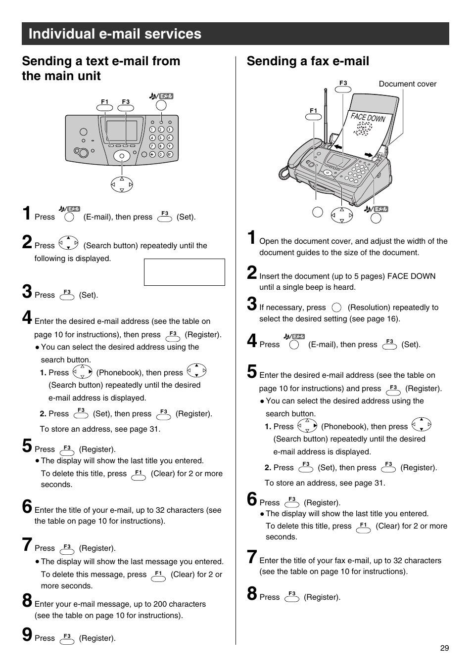 Individual e-mail services, Sending a text e-mail from the main unit, Sending a fax e-mail | Panasonic KX-PW102CW User Manual | Page 29 / 32