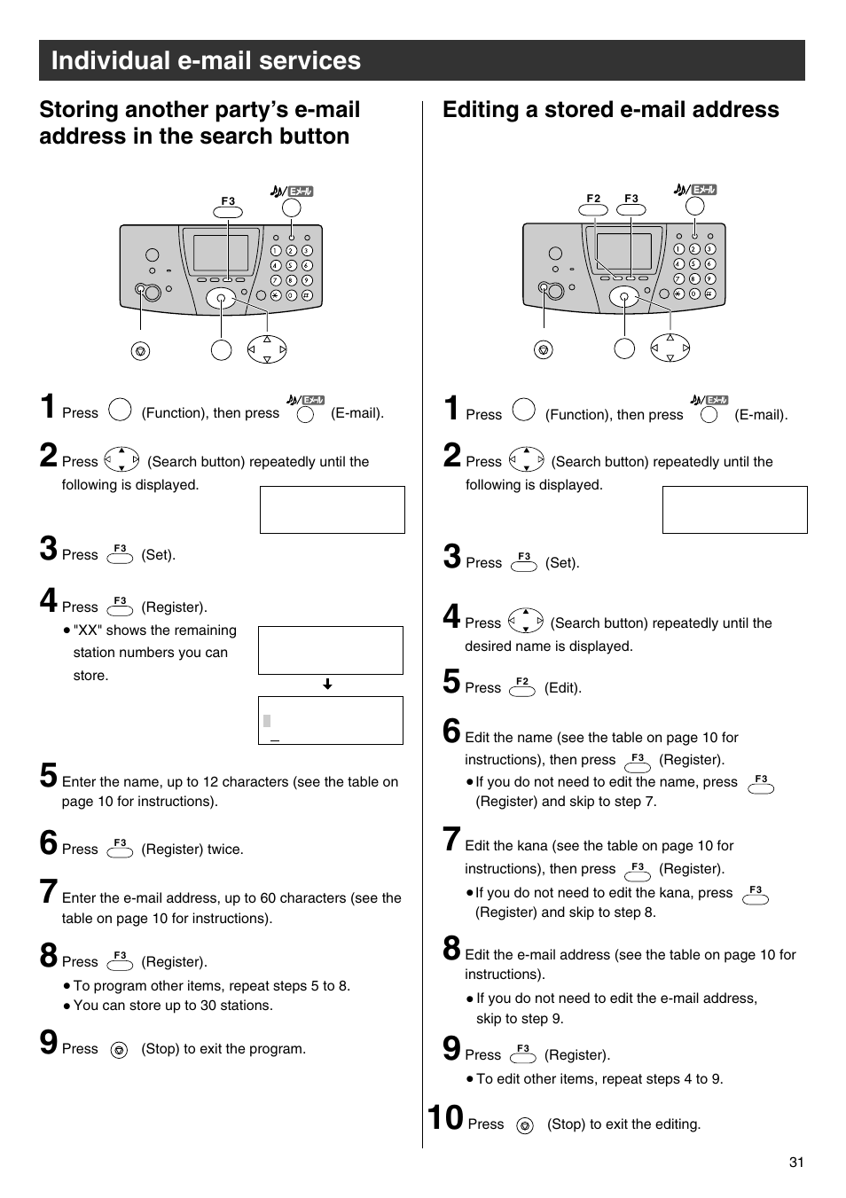 Individual e-mail services, Editing a stored e-mail address | Panasonic KX-PW102CW User Manual | Page 31 / 32