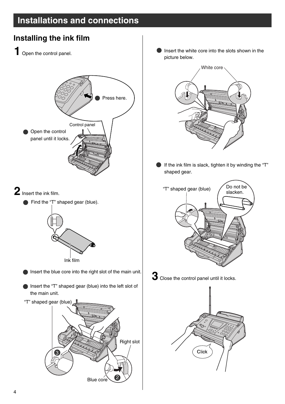 Installations and connections, Installing the ink film | Panasonic KX-PW102CW User Manual | Page 4 / 32