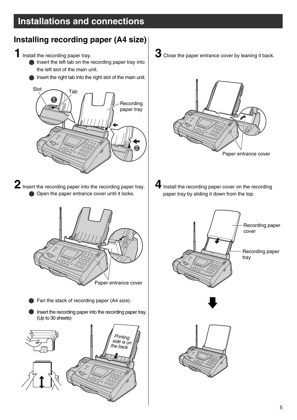 Installations and connections, Installing recording paper (a4 size) | Panasonic KX-PW102CW User Manual | Page 5 / 32