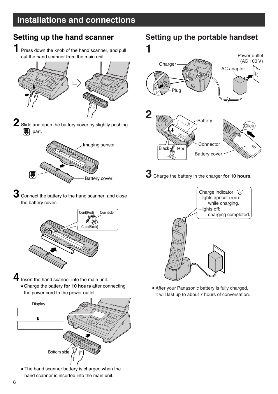 Installations and connections, Setting up the hand scanner, Setting up the portable handset | Panasonic KX-PW102CW User Manual | Page 6 / 32