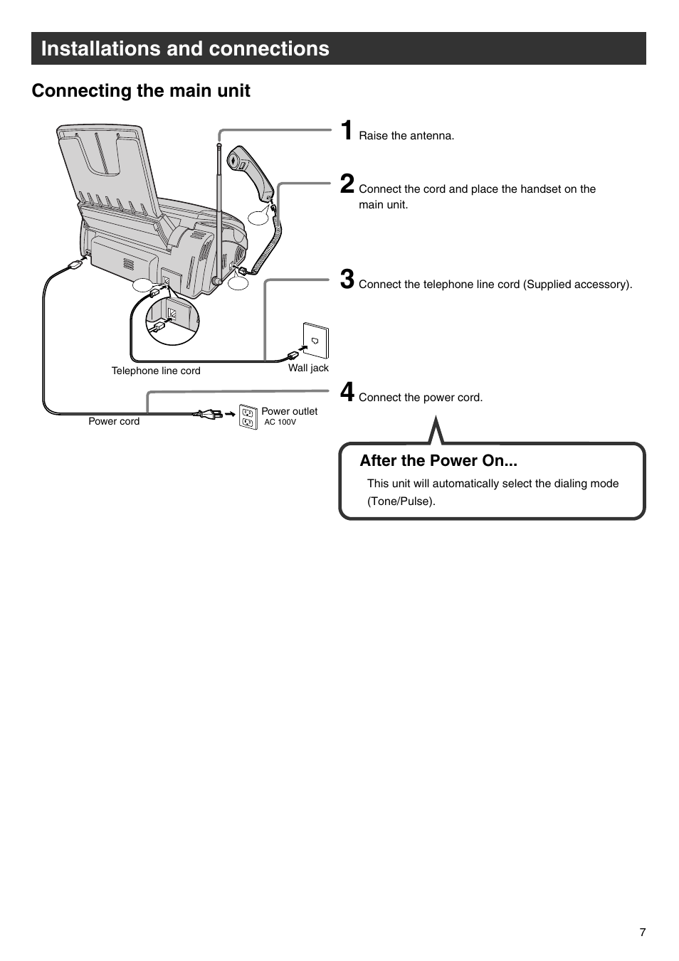 Installations and connections, Connecting the main unit | Panasonic KX-PW102CW User Manual | Page 7 / 32