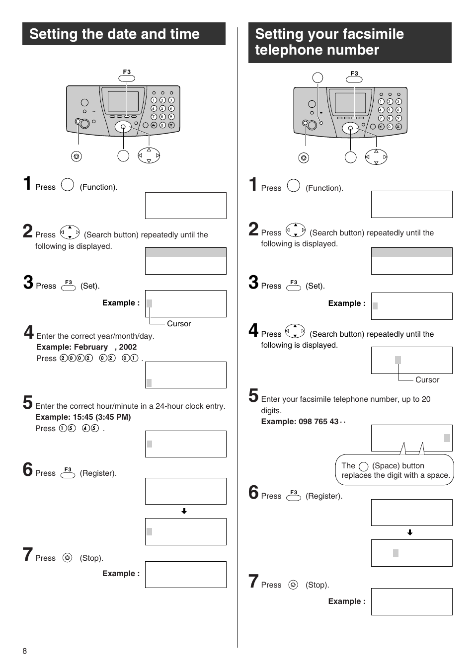 Setting the date and time, Setting your facsimile telephone number | Panasonic KX-PW102CW User Manual | Page 8 / 32