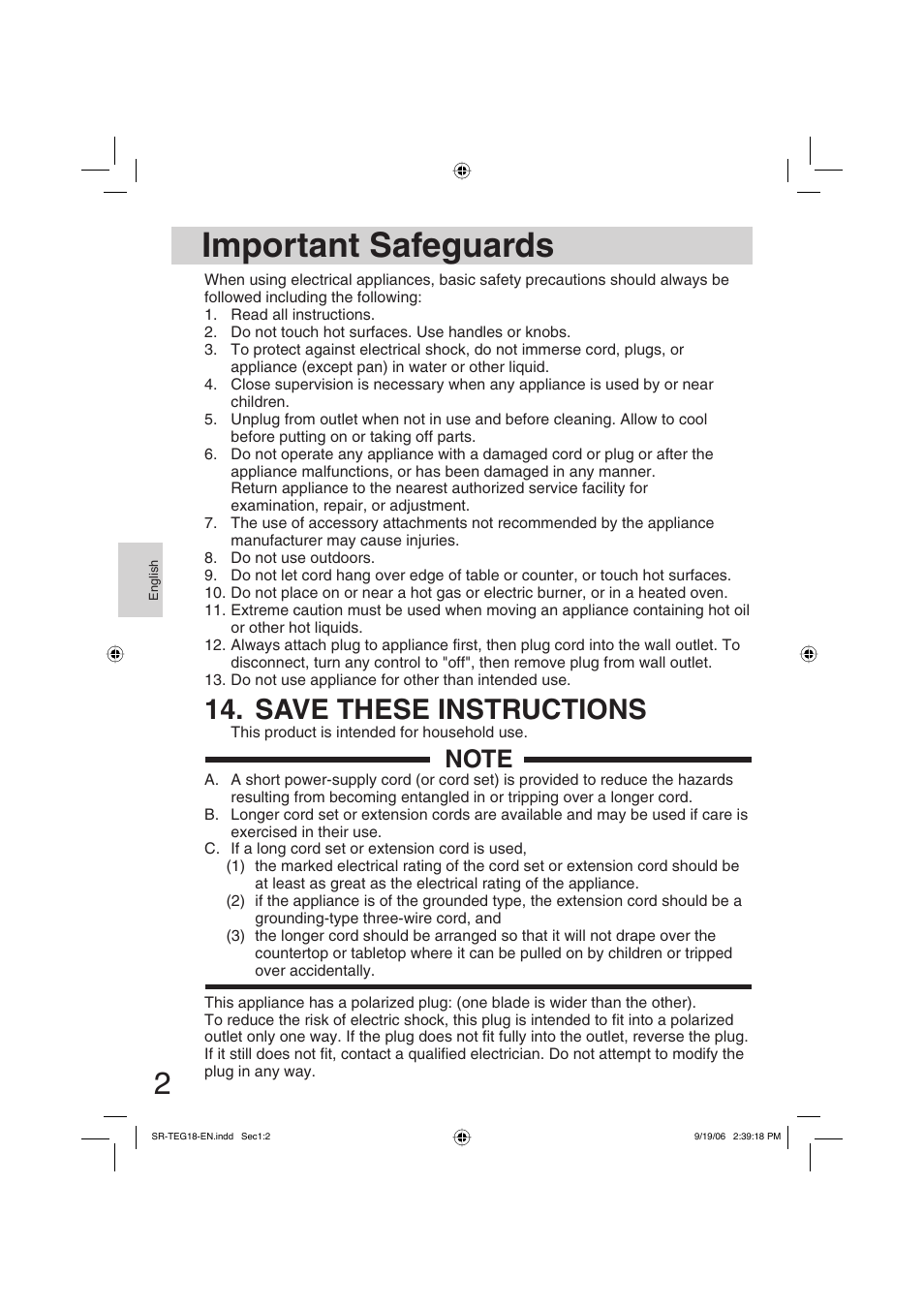Important safegaurds, Important safeguards, Save these instructions | Panasonic SR-TEG18 User Manual | Page 2 / 12